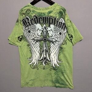 Raw State Mens XXL Green Redemption Winged Cross Skulls Distressed Y2K T-Shirt